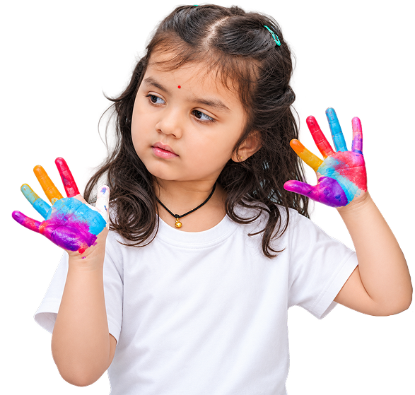 Young child showing colorful painted hands